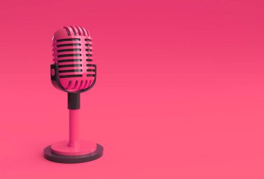 Kısa bacak ve ayakta 3D Render Retro mikrofon, müzik ödülü modeli şablonu, karaoke, radyo ve kayıt stüdyo ses ekipmanları.