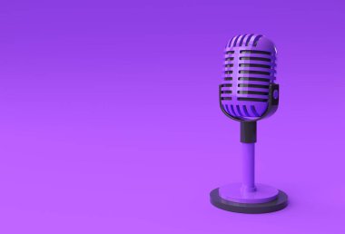 Kısa bacak ve ayakta 3D Render Retro mikrofon, müzik ödülü modeli şablonu, karaoke, radyo ve kayıt stüdyo ses ekipmanları.