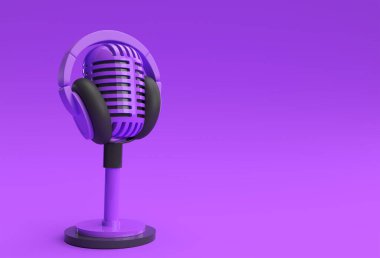Kısa bacaklı 3D Render Retro mikrofon ve 3D İllüstrasyon Tasarımı.