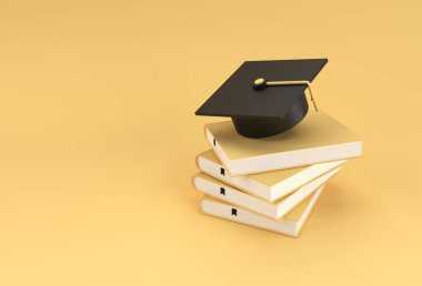 Mezuniyet şapkasının 3 boyutlu canlandırması, gerçekçi 3 boyutlu kitaplar. Eğitim çevrimiçi kavramı.