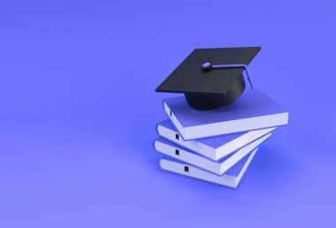 Mezuniyet şapkasının 3 boyutlu canlandırması, gerçekçi 3 boyutlu kitaplar. Eğitim çevrimiçi kavramı.
