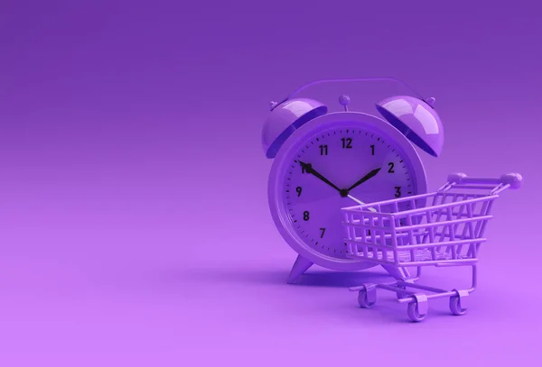 Limited Time shopping cart with retro alarm clock isolated on a yellow 3d Render Background