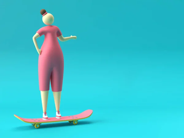 Render Illustration Kvinna Stående Skateboard Med Isolerad Färg Bakgrund — Stockfoto