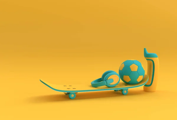 Render Illustration Skateboards Mit Fußball Und Kopfhörer Isoliert Auf Color — Stockfoto