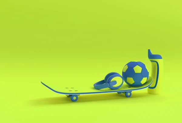 3D渲染演示滑板与足球和耳机隔离的彩色剪子背景 — 图库照片