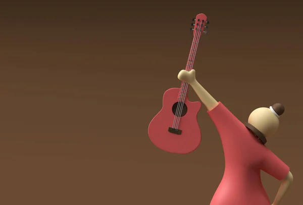 Chitarra Acustica Rendering Con Personaggi Dei Cartoni Animati Donna Disegno — Foto Stock