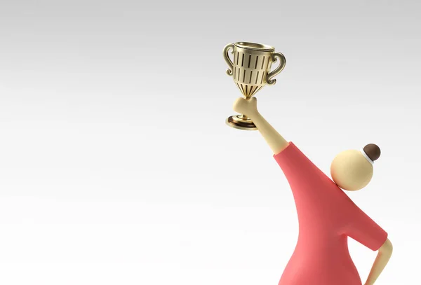 3Dレンダリング白い背景に隔離されたトロフィーカップと女性漫画のキャラクター — ストック写真