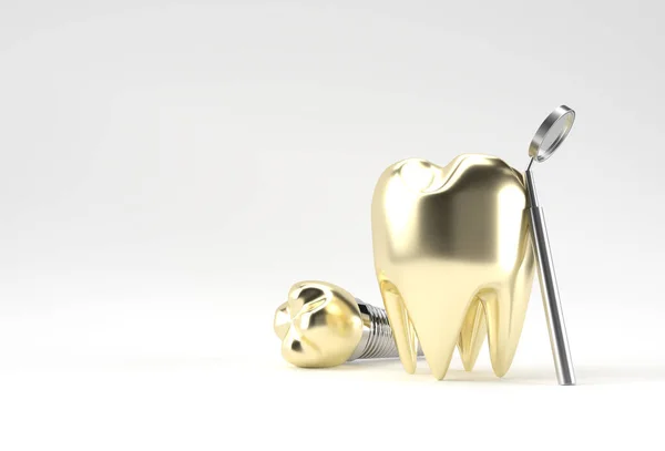 Koncepcja Operacji Implantów Stomatologicznych Złote Zęby Rendering — Zdjęcie stockowe