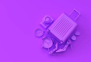 Sarı Arkaplanda Gezgin Aksesuarları olan 3D Render Bavulu. Seyahat Kavramı Resim Tasarımı.