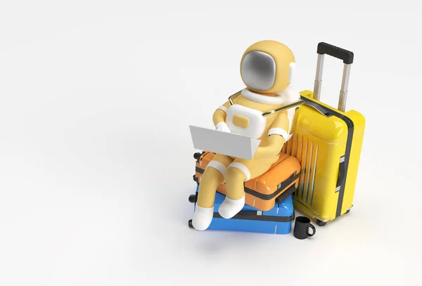 3D在旅行袋上的笔记本电脑座位上工作的渲染宇航员3D图解设计 — 图库照片