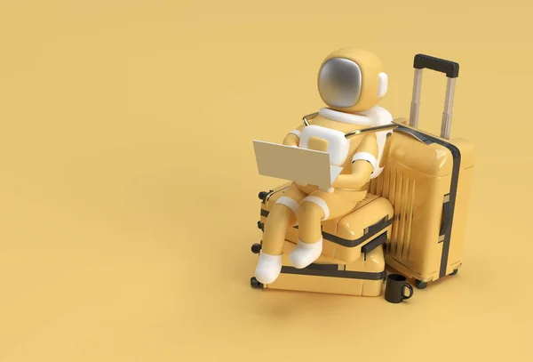 Render Astronauta Praca Laptopie Siedzenie Torbie Podróżnej Ilustracja Design — Zdjęcie stockowe