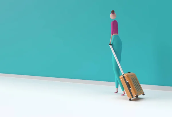 Happy Traveler Woman Walking Suitcase Rendring — 스톡 사진