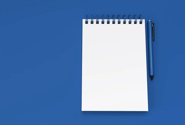 Penna Rendering Blocco Note Sullo Sfondo Blu Pastello — Foto Stock