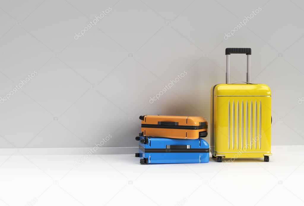 3D Render Polycarbonate Suitcase on Pastel White Background.