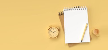 Pastel Renk Arkaplan üzerinde Alram Saat ve Alışveriş Arabası ile 3B Renklendirme Kalemi ve Notepad.