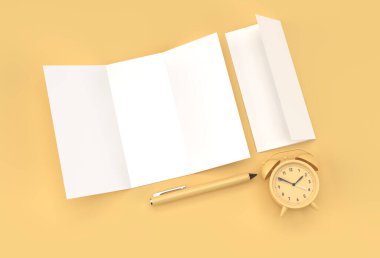 Pastel Renk Arkaplan üzerinde Alram Saat ve Alışveriş Arabası ile 3B Renklendirme Kalemi ve Notepad.