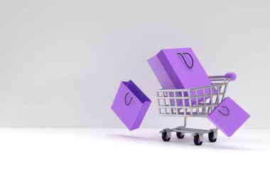 Alışveriş Torbası Simgesi İllüstrasyon Tasarımı ile 3B Render Alışveriş Aracı.