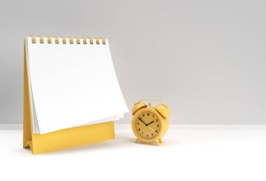 3B Render Alarm Saati ile Not Defteri, tasarım ve reklamcılık için temiz bir boşluk, 3d illüstrasyon perspektifi görünümü oluşturur.