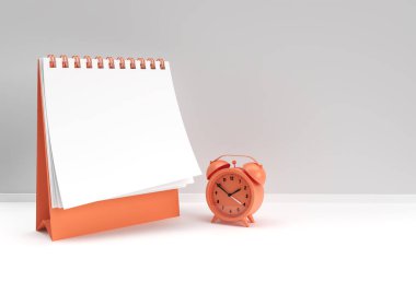 3B Render Alarm Saati ile Not Defteri, tasarım ve reklamcılık için temiz bir boşluk, 3d illüstrasyon perspektifi görünümü oluşturur.