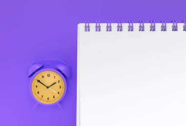 3B Render Alarm Saati ile Not Defteri, tasarım ve reklamcılık için temiz bir boşluk, 3d illüstrasyon perspektifi görünümü oluşturur.