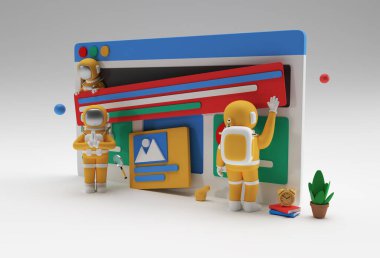 Yaratıcı 3D Render Design astronot namaste Web Geliştirme afişi, pazarlama materyali, iş sunumu, çevrimiçi reklamcılık.