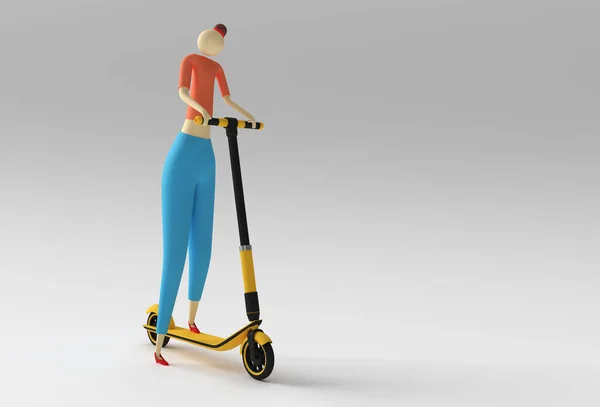 3Dレンダリング漫画の女性は プッシュスクーターに乗って3Dアートデザインイラスト — ストック写真