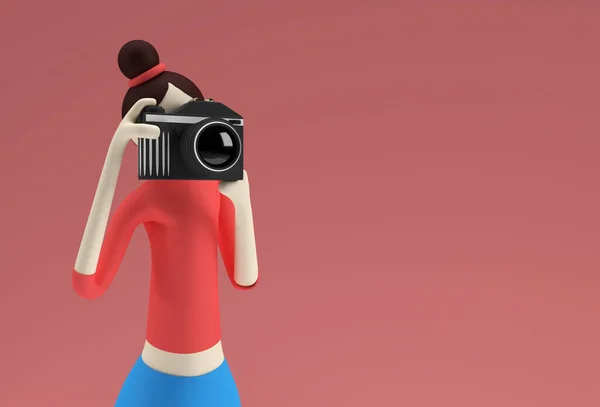 Standing Cartoon Female Holding Camera Taking Pictures Render Design — 스톡 사진