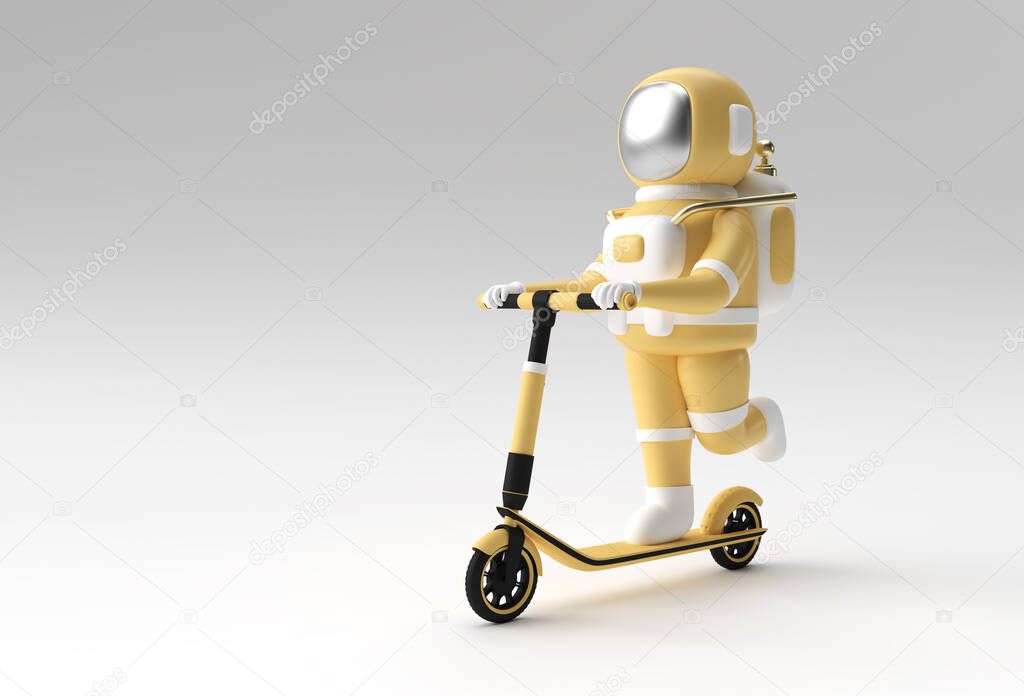 3D Render Astronaut Riding a Push Scooter 3D art Design illustration.