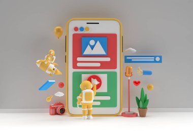 Yaratıcı 3D Render Astronot roketle uçuyor ve web geliştirme afişi, pazarlama materyali, sunum, çevrimiçi reklamcılık için video düğmesi oynuyor.