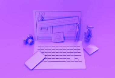 Laptop web geliştirme afişi, pazarlama malzemesi, sunum, çevrimiçi reklamcılık ile yaratıcı 3D Render Mobile Mobile Mobile Mockup.