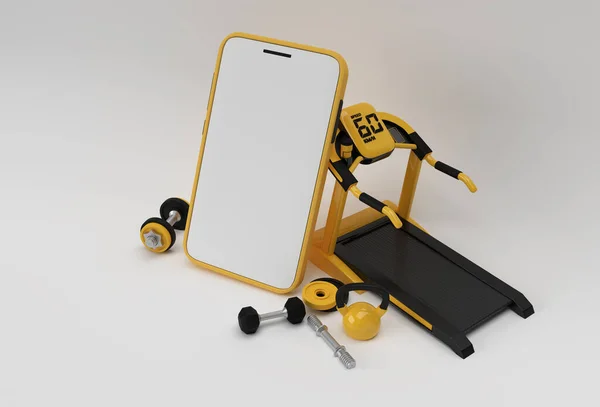 Moderne Fitnessgeräte Mit Leeren Mobilen Mockup Rendering — Stockfoto