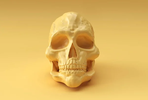 豊かな黄色の背景に人間の頭蓋骨 死の3Dレンダリング図の概念 — ストック写真