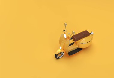 Sarı Arkaplanda 3B Render Klasik Scooter Yan Görünümü.