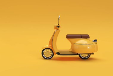 Sarı Arkaplanda 3B Render Klasik Scooter Yan Görünümü.