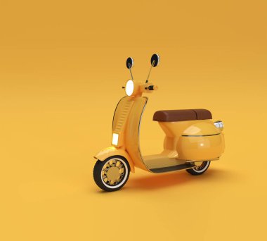 Sarı Arkaplanda 3B Render Klasik Scooter Yan Görünümü.