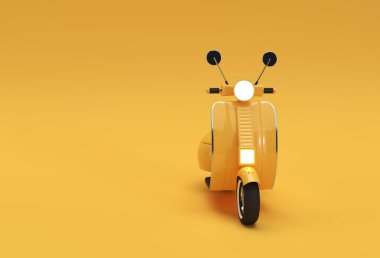 Sarı Arkaplanda 3B Render Klasik Motorlu Scooter Ön Görünümü.