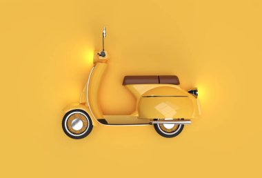 Sarı Arkaplanda 3B Render Klasik Scooter Yan Görünümü.