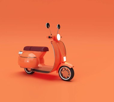 Turuncu Arkaplanda 3B Render Klasik Motosiklet Tarafı Görünümü.