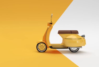 Sarı Arkaplanda 3B Render Klasik Scooter Yan Görünümü.