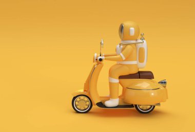 Sarı Arkaplanda 3D Render Astronot Motorlu Scooter Tarafı Görünümü.