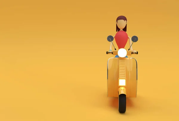 从黄色背景看3D渲染女性骑摩托车侧视图 — 图库照片