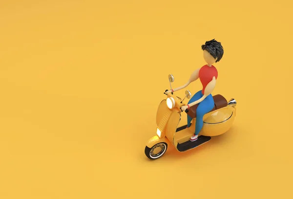 Render Woman Riding Motor Scooter Side View Yellow Background — Stock Photo, Image