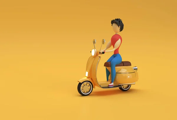 3D Render Woman Riding Motor Scooter Side View on a Yellow Background.