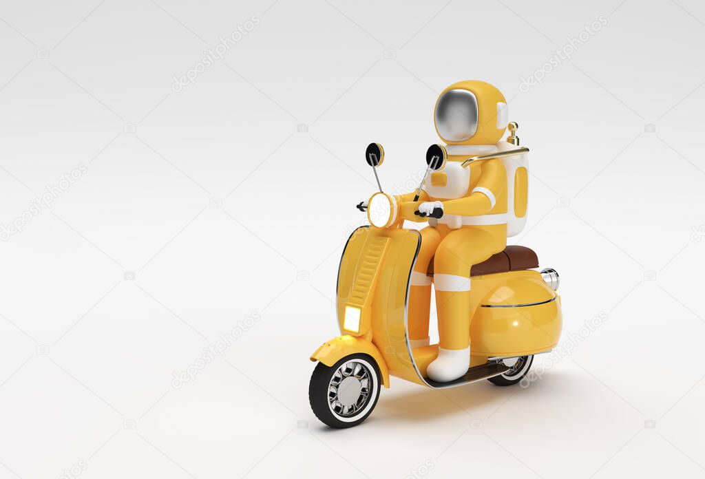 3D Render Astronaut Riding Motor Scooter Side View on a White Background.