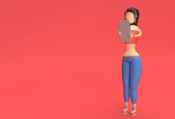 Renderizar Mulher Segurando Smartphone Mostrando Tela Branco Fundo Vermelho — Fotografia de Stock