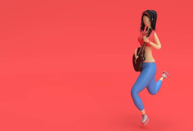 Kadın Çizgi Film Karakterleri ile 3B Render Akustik Gitar 3D Çizim Tasarımı.