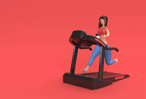 Renderização Personagens Desenhos Animados Mulher Correndo Máquina Esteira Fundo Fitness — Fotografia de Stock