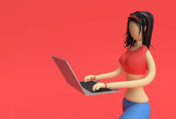 用笔记本电脑在红色背景下工作的可爱女孩的3D渲染说明 — 图库照片