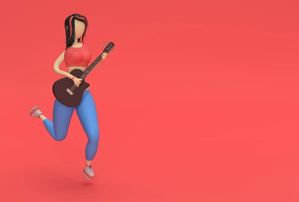 Render Guitarra Acústica Com Personagens Desenhos Animados Mulher Ilustração Design — Fotografia de Stock