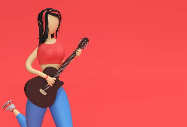 3D Render Acoustic Guitar with Woman Cartoon Characters 3d illustration Design.